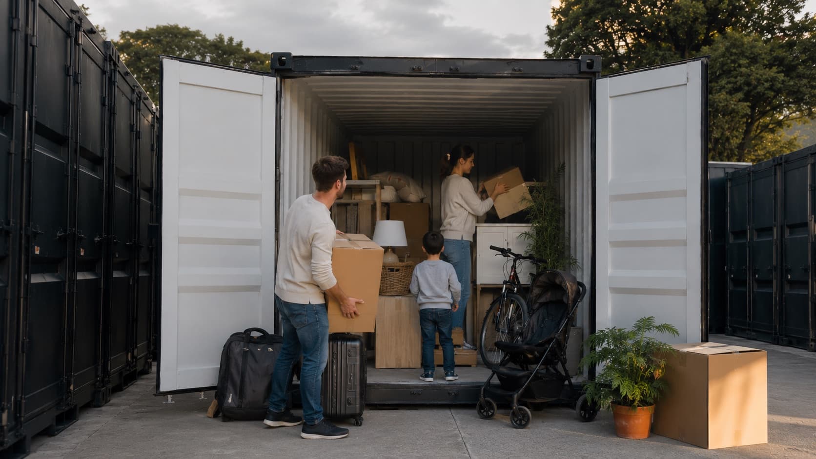 Cartons de déménagement rangés dans un box